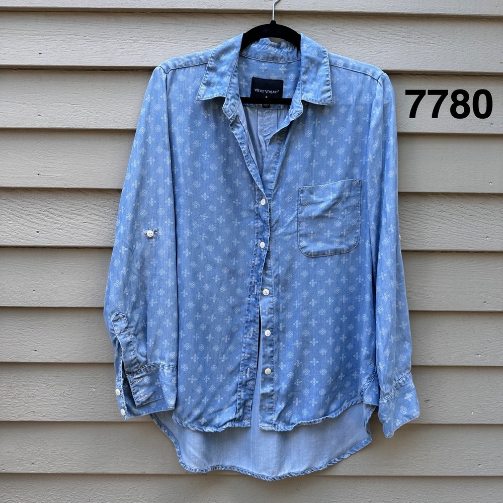 Velvet Heart Blue Tencel Medallion Print Roll Tab Button Down Shirt M MFW-20353